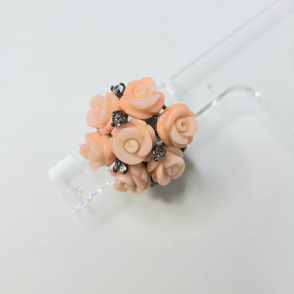 Carol Brodie Rarities Pink Enamel Rose Floral Large Bouquet .925 Vintage Ring